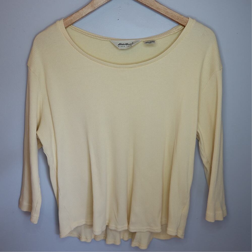 Eddie Bauer Ribbed Waffle Knit Top Pale Yellow Boatneck Cotton Sz XXL